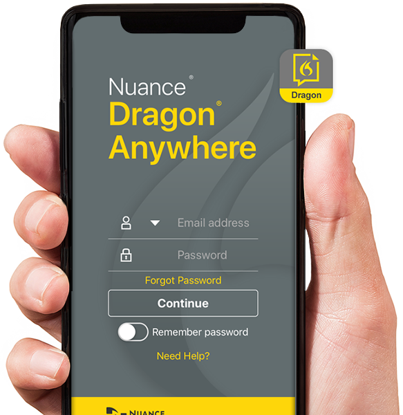 Nuance Dragon Anywhere login screen and logo