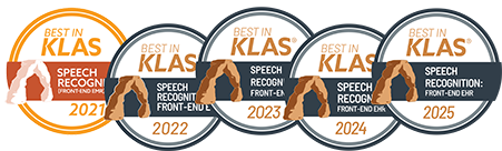 2021, 2022, 2023, 2024 and 2025 Best in KLAS speech recognition front-end EMR badges